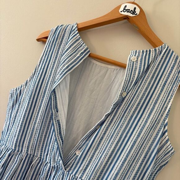 THML Blue White Vertical Striped 100% Cotton Dress Pockets Red Tassels women's S - Picture 10 of 12